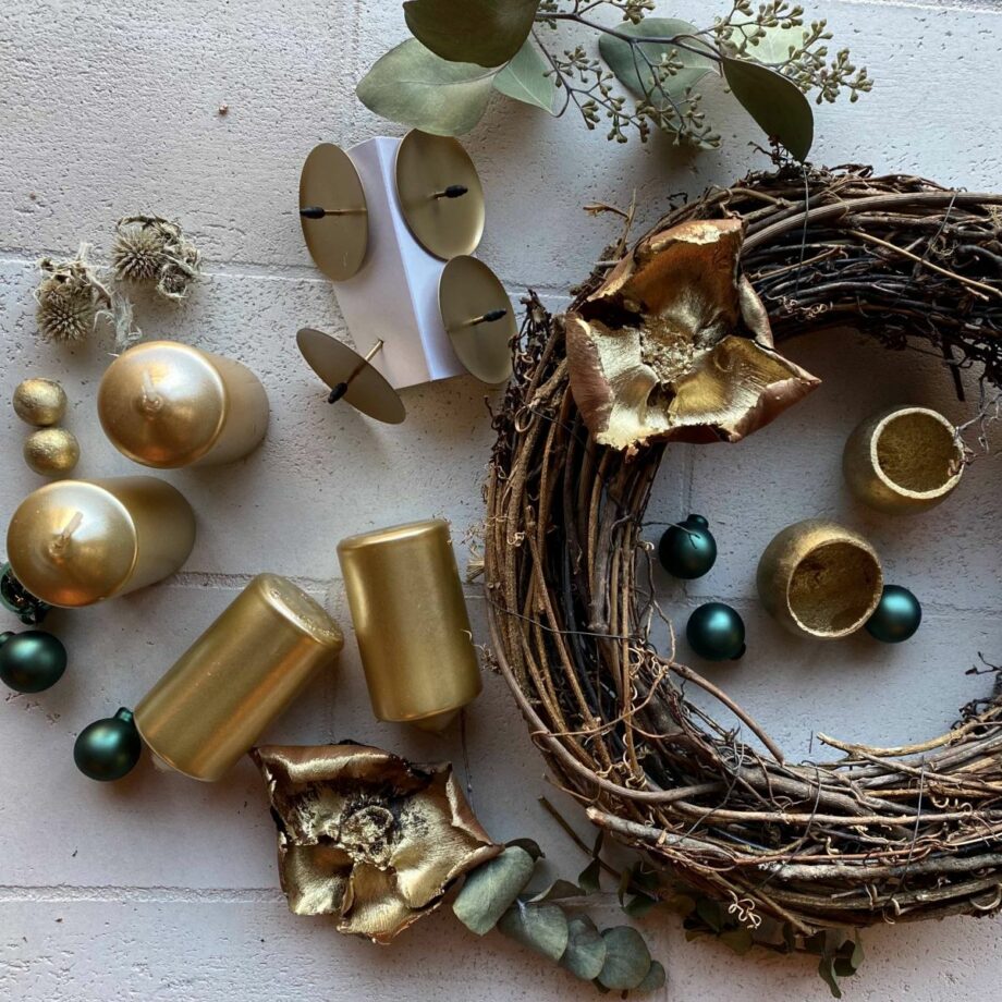 Sada na výrobu adventního věnce - zlato-zelené tóny